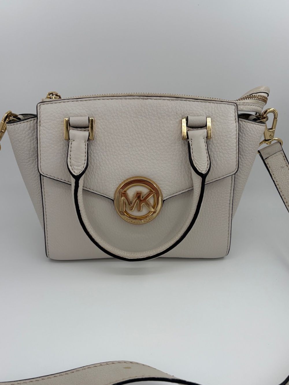 Michael Kors Ivory Pebble Leather Satchel with Gold MK Medallion